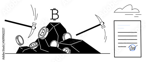 Pickaxes mining cryptocurrency coins from rocks near blockchain document under cloud. Ideal for cryptocurrency, blockchain, mining, decentralization, technology, investment, finance. Simple flat