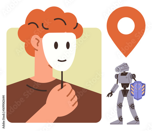 Red-haired person holding a mask, a robot holding a shield, and a location pin. Ideal for identity, technology, cybersecurity, privacy, artificial intelligence human connection maps. Simple flat