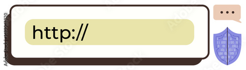 URL bar with http text, chat bubble for communication, shield representing cybersecurity. Ideal for web browsing, online privacy, data security, internet usage, communication, digital safety