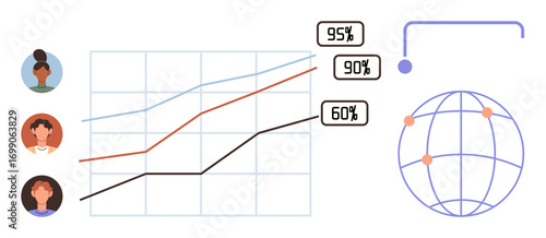 Line graph with performance metrics, user profiles highlighting data contributors, and globe symbolizing global connections. Ideal for analytics, teamwork, collaboration, strategy, data insights