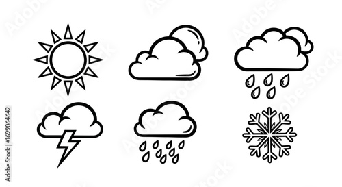 Clean Line Art Weather Icons Representing Sun Rain Storm and Snow