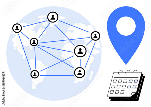 Connective lines link icons of people across a world map, with a location pin and calendar. Ideal for global network, collaboration, remote work, communication, scheduling, teamwork, online planning