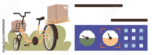 Cargo tricycle carrying boxes paired with a dashboard showing dials and metrics. Ideal for delivery, logistics, eco-transport, urban mobility, business, efficiency, and sustainability. Simple flat