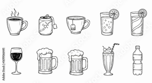 Vintage Hand-Drawn Sketch Icon Set: Coffee Tea Beer Soda Juice Milkshake