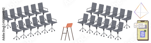 Unique orange chair among gray office chairs, clipboard with analytics, geometric shape contrasts individuality and conformity. Ideal for leadership, innovation, decision-making, teamwork