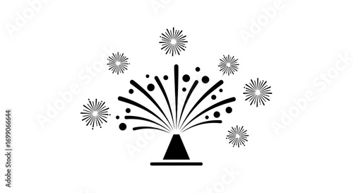 Minimalist black and white firework icon bursting with celebratory sparks.