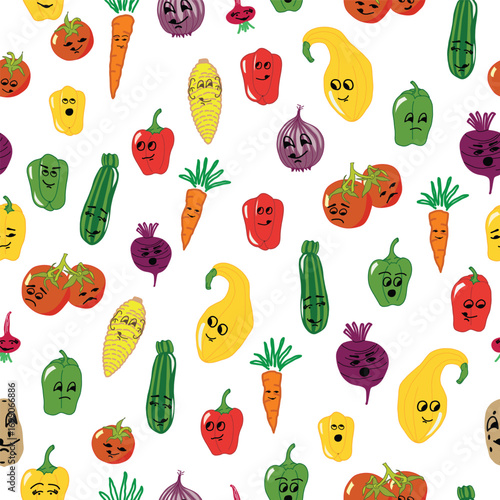 Cute Faces on a Variety of Colorful Vegetables Like Corn Zucchini Tomatoes Carrots and Peppers on a White Background creating a seamless pattern print