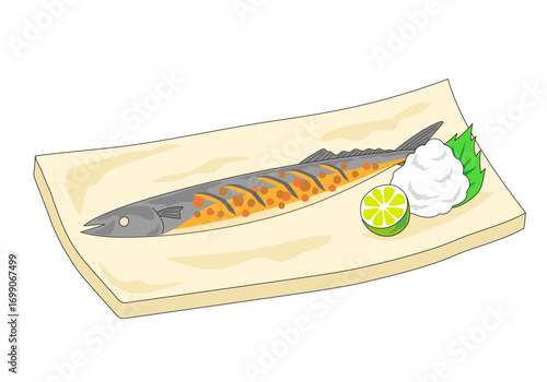 秋の味覚　秋刀魚の塩焼きイラスト