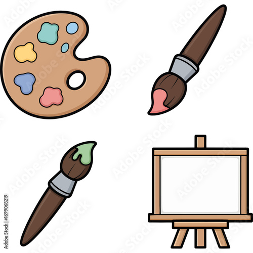 Artistic tools and supplies for painting and drawing, including a palette, brushes, and easel with canvas