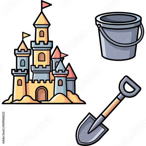 Vector collection of summer beach toys featuring a sandcastle, pail, and spade. Isolated cartoon elements for kids' activities