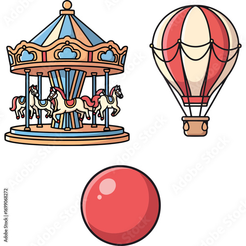 A vibrant collection of classic amusement park attractions and playful items, evoking joy, childhood memories, and a sense of wonder for children and adults alike