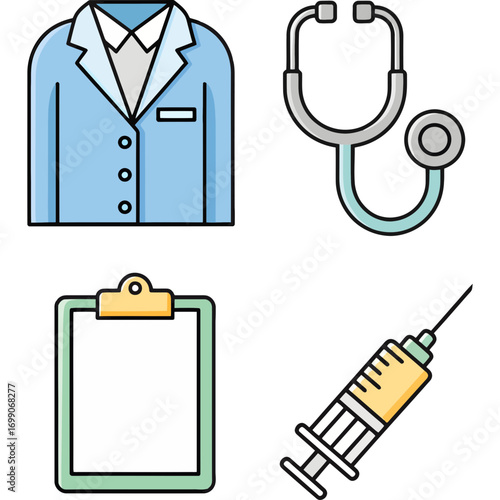 Medical icons representing healthcare and a doctor's tools