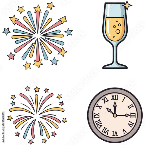 Vibrant New Year's Eve celebration essentials sparkling fireworks, a bubbling champagne glass, and a midnight countdown clock, perfect for holiday season designs