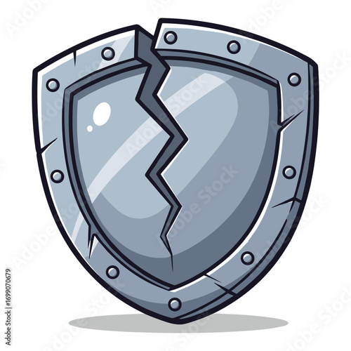 Cartoon Cracked Silver Shield Illustration for Security Designs and Graphic Projects