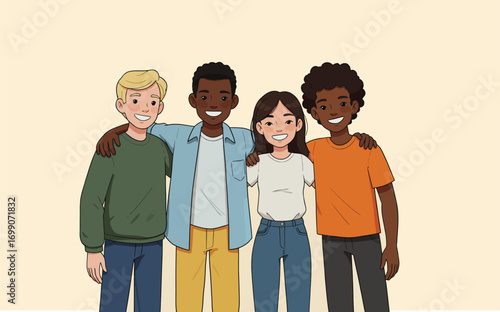 Unified Bond: A diverse group of friends, united in camaraderie, standing shoulder-to-shoulder, and emanating warmth in a brightly colored illustration. 