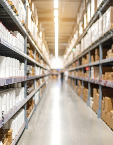 Blurred warehouse aisle, shelves stocked