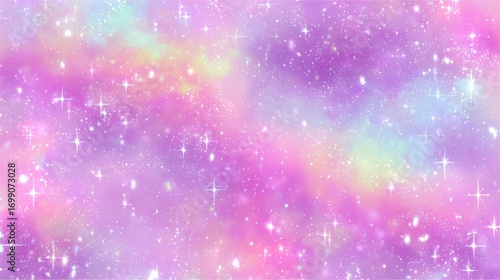 Colorful girl pattern with purple kawaii invitation theme, rainbow gradient mesh and iridescent hologram texture on pink cosmic background, dreamy lilac fantasy style for magic abstract design