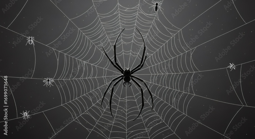 Obraz premium Large dark spider sits centered on intricate web with smaller prey spiders trapped. Pest control and insect infestation concept.