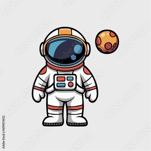 A charming flat design icon depicting a cheerful astronaut in a detailed space suit, standing beside a stylized orange planet, evoking themes of space exploration and cosmic adventure