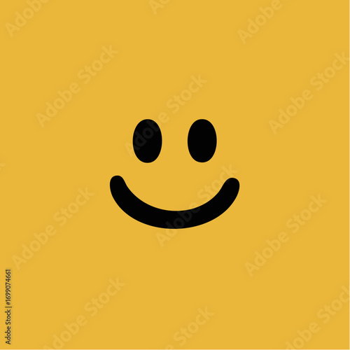 Simple and clean graphic illustration of a black smiley face icon on a vibrant yellow background, symbolizing happiness, joy, and positive emotions