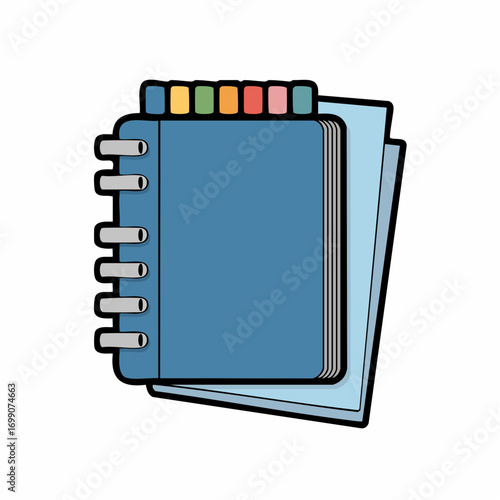 Vector graphic of a personal organizer or daily planner with a spiral binding and divider tabs. Isolated on a white background for stationery concepts
