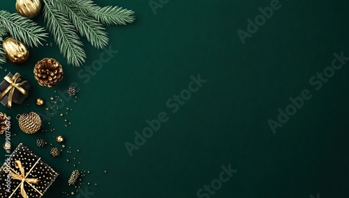 Dark green Christmas background with gold accents.  Small gifts, pine cones, and branches