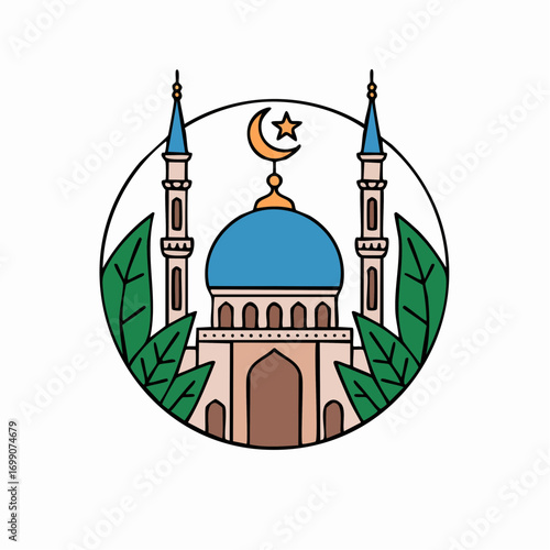 Islamic mosque illustration with minarets and dome, surrounded by leaves, a symbol of faith and tradition