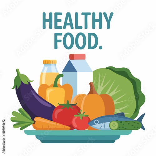A colorful collection of nutritious foods including fresh vegetables, fish, milk, and juice, representing a healthy lifestyle and balanced diet