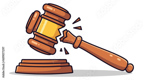 Cartoon Style Broken Gavel Illustration Symbolizing Legal Issues or Justice System Failure
