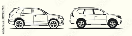 Side profile line art illustration of two modern crossover vehicles. Hand-drawn sketch of family automobiles isolated on a white background