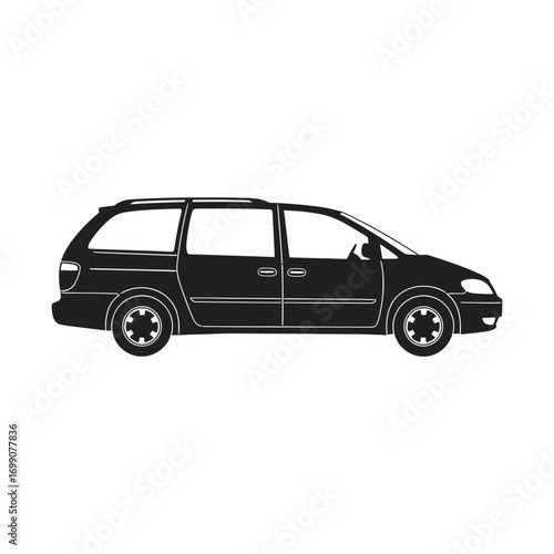 Family minivan vehicle icon for transportation and travel concepts. Black silhouette of a multi-purpose automobile for road trips and daily commutes, isolated on white