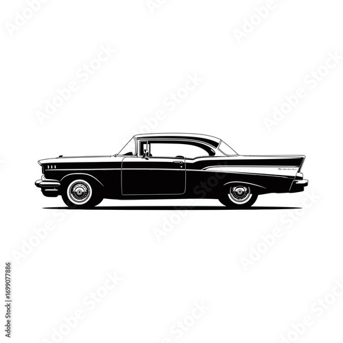 Sleek black silhouette of a vintage hardtop coupe from the fifties, a nostalgic ride from a bygone motoring era isolated on white