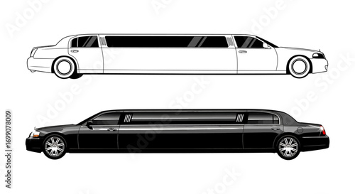 Side profile view of a classic stretch limousine in a realistic black design and an outline version, representing luxury travel and VIP service