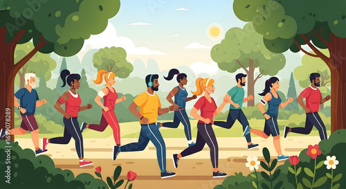 Diverse People Running Together Outside Cartoon Style Illustration