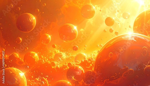 A vibrant, fiery scene depicts numerous glowing orbs suspended in a swirling, orange cosmos.
