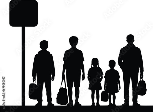 Children and Adults Waiting at Bus Stop Silhouette Vector