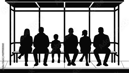 People Sitting at Bus Stop Shelter Silhouette Vector
