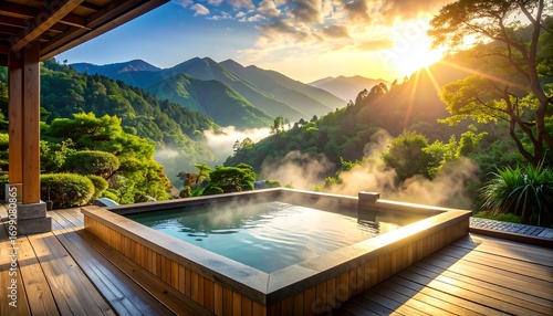 Steamy onsen pool overlooking lush green mountains and a vibrant sunrise from a wooden platform