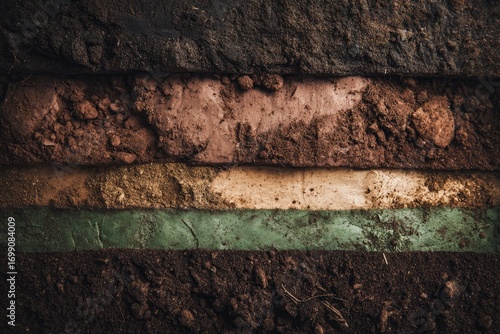 Close-up view of layered soil strata, various colors and textures