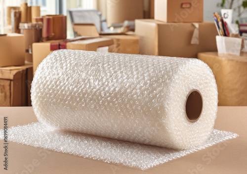 A roll of bubble wrap rests on a light beige surface, surrounded by cardboard boxes