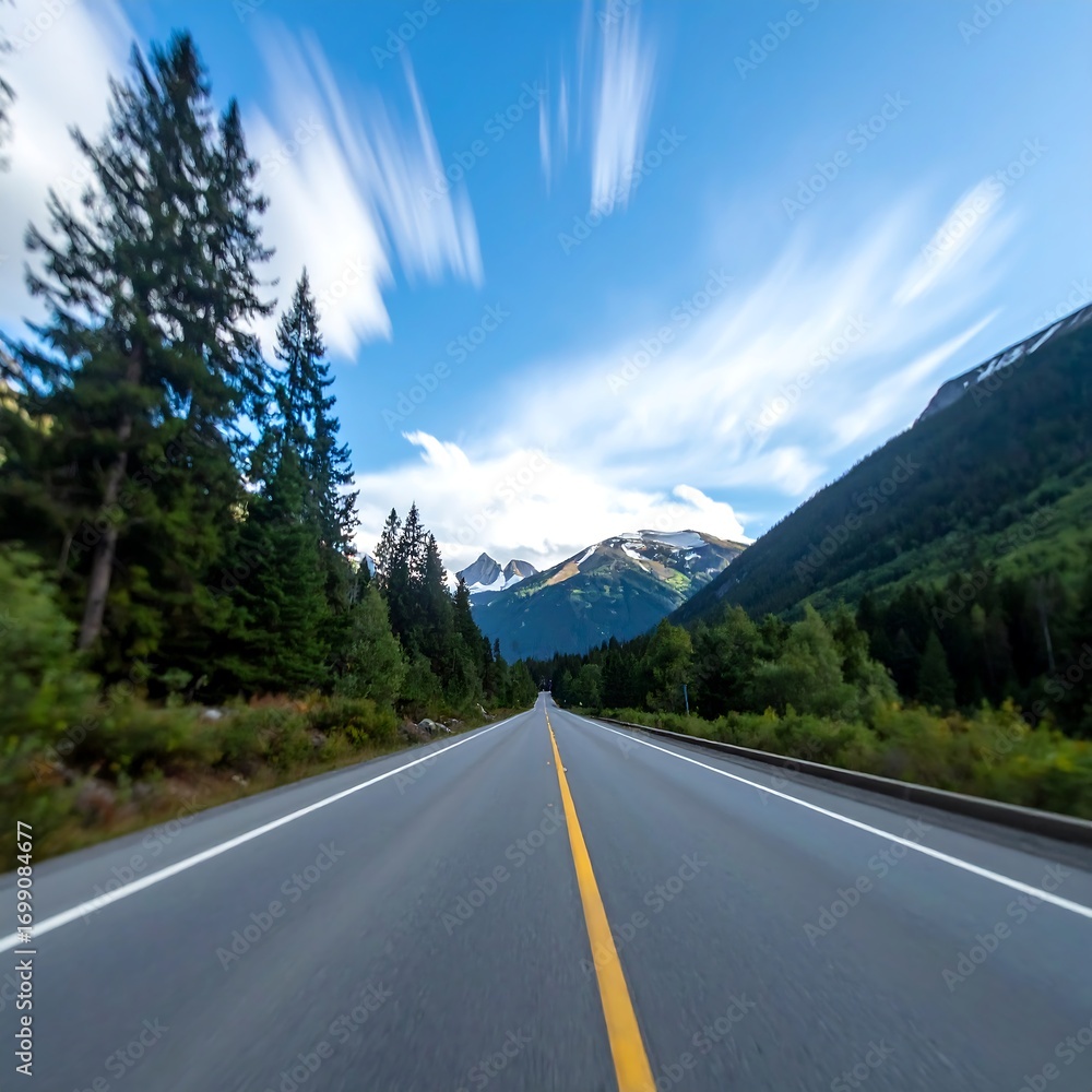 Fototapeta premium Mountain road stretches into blue sky