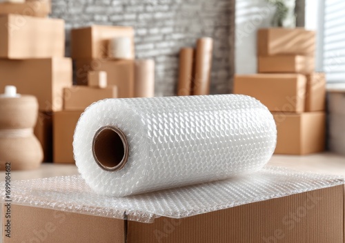 Bubble wrap roll on cardboard box amidst moving boxes