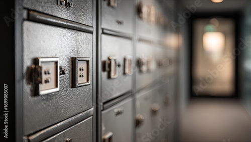 Rows of metallic gray lockers, close-up view.  Security deposit boxes,  organized in a hallway.  Features  small,  square,  gold-toned  knobs.  Blurred background
