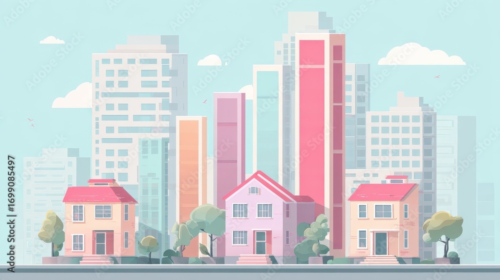 Fototapeta premium Real estate investment infographic flat design side view property market theme animation colored pastel.