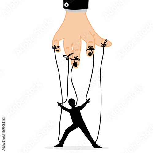 Human puppets control, puppeteer hands man marionette silhouette vector illustration,Concept of manipulation and micromanagement. Puppet Master controlling Silhouette of businessman