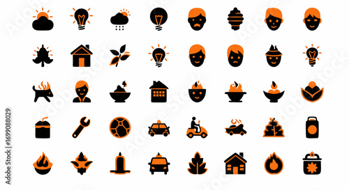 A comprehensive collection of 40 diverse glyph icons with striking orange accents. This versatile set covers various categories like weather, home, tools, transport, and more, ideal for apps or web.