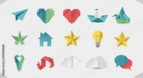 A collection of colorful icons designed in a beautiful origami style. This creative set features folded paper shapes like a plane, boat, crane, heart, and more, with realistic shadows and folds.
