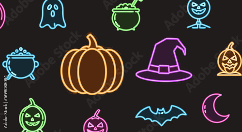 A collection of colorful, glowing neon Halloween icons on a dark background. Includes a pumpkin, witch hat, ghost, bat, cauldron, and more. Perfect for party flyers, web banners, or festive designs.