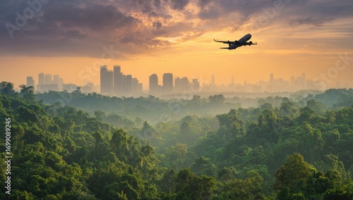 Jet plane over city and forest at sunrise