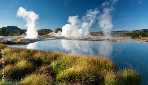 Wallpaper Mural majestic landscape of geothermal features erupting from calm waters under clear blue sky Torontodigital.ca